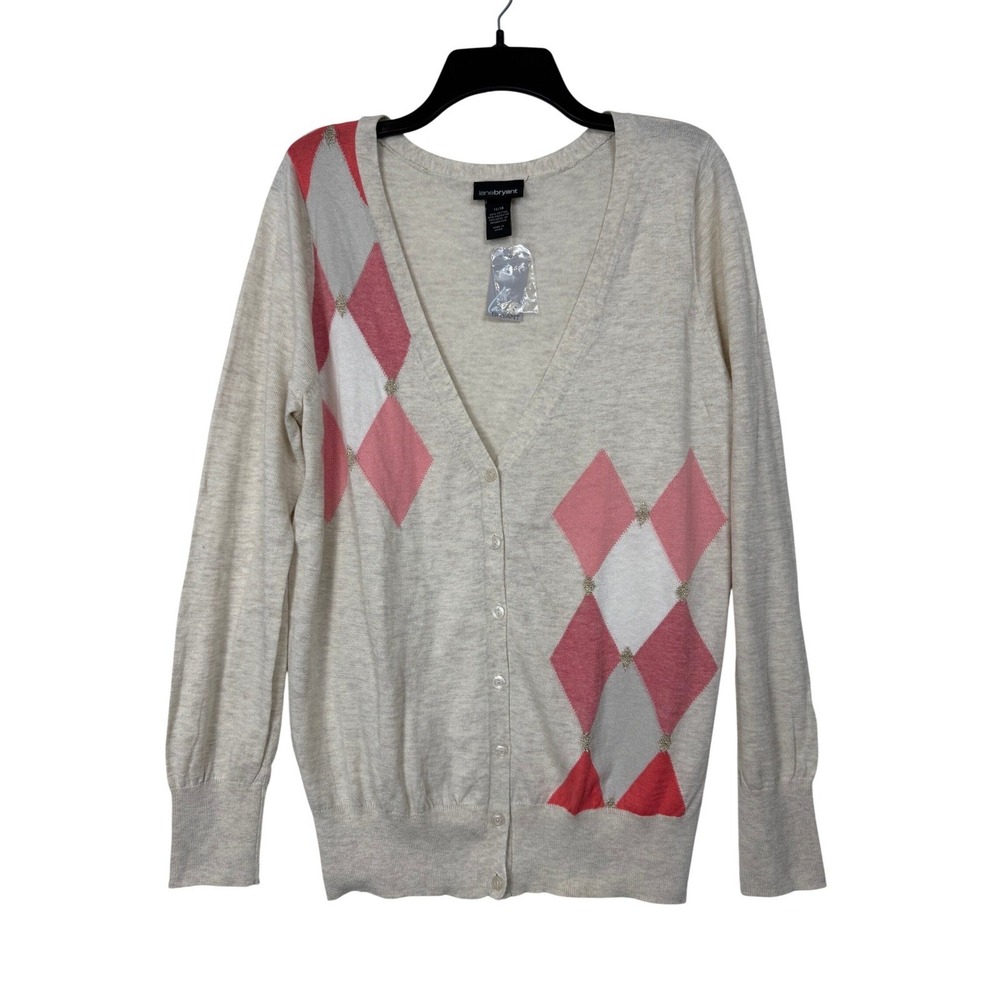 Lane Bryant Argyle Cardigan Sweater Womens 14/16 Pink Red Oatmeal V-Neck Button